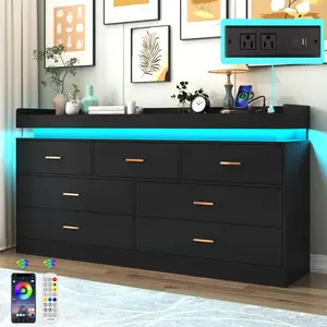 7 Drawer Dresser with LED Light and Charging Station, Modern Chest of Drawers for Closet, Wide Drawer Organizer Cabinet for Bedroom, Living Room, Entryway, Hallway, White/Black