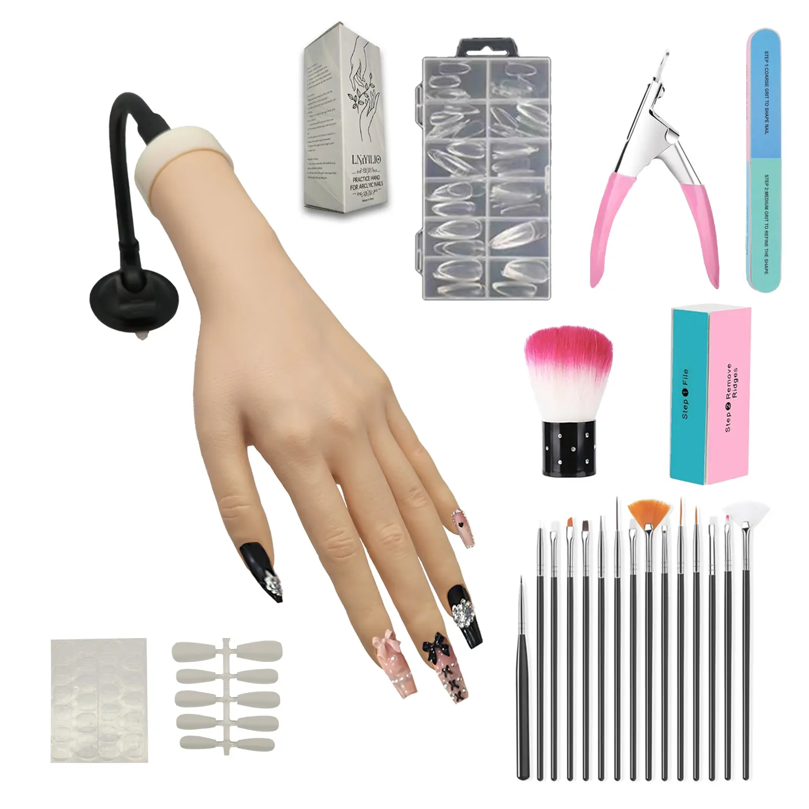 Practice Hand Kit for Nail Art, Acrylic Nails Training Tools for Tattooed Nail Jewelry and Manicure Practice, 48 pes nail jelly gel, 40 Acrylic Nails, Clipper, File, 15 Brushes and 120 Tips, Nail Care, Clippers