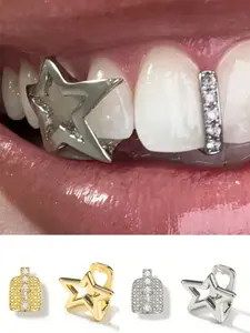 2Pcs Women's Grills with Hollow Star Design, Copper Material & Plated, Micro-Inlaid Zirconia Craftsmanship, Top Dental Cap