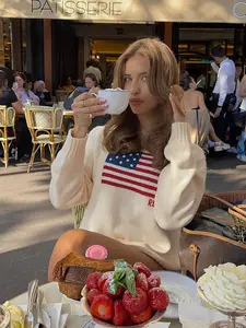 Women's Round Neck American Flag Star Letter Embroidered Cute Casual Loose Fit Fashion Pullover Sweater Top, Long Sleeve, All Seasons, Embroidery, Womenswear
