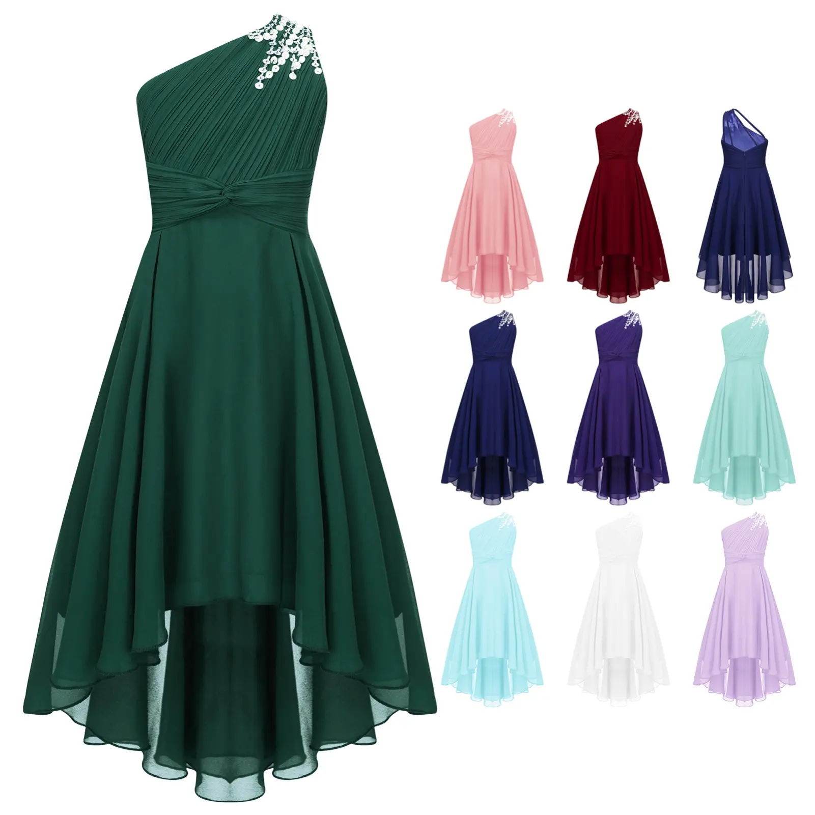 Girls' Chic Ruched Shiny Beaded Collarless High-Waist High-Low Hem Irregular Length Party Dress for Evening Proms, Birthday Party Dresses