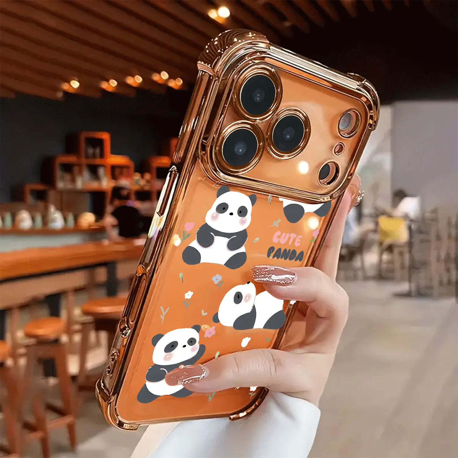 Electroplated Transparent TPU Airbag Shockproof Cellphone Case - Cute Little Panda-Designed Soft Protective Cover for iPhone 17 Pro Max,16,15,14,13,12,11, Simple Fashionable Gold Accessory