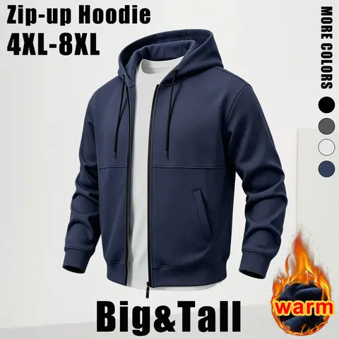 【4XL-8XL】Plus-size men’s fleece hoodies sweatshirt, long sleeves with drawstring, relaxed fit with extra room and a zip closure; ribbed cuffs and hem; loose silhouette, lightweight outerwear suitable for everyday wear, workouts, jogging, and travel.