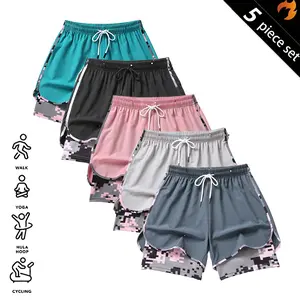 Set of 5 women’s summer shorts: camouflage layered faux two-piece mid-length shorts; 5-pack women’s shorts set; polyester–spandex knit fabric shorts; breathable quick-dry compression base layer shorts; elastic waistband with drawstring; side mesh pockets;