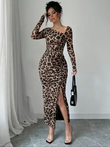 Women's Leopard Print Bodycon Dress, Sexy Slim Fit Long Sleeve Chic Commuter Wear with Drawstring, All-Season Fashionable