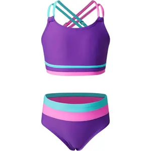 Tween Girls Swimsuits 2 Piece Color Block Bikini Sets with Chest Pad Size 6-15 Years