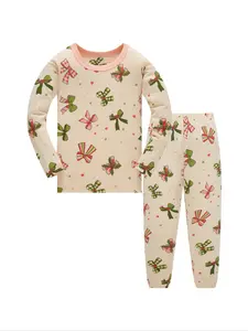 Cute Bow Print Long Sleeve Pants Set for Girls Aged 1-8, Comfortable Casual Home Wear, Spring Summer Autumn