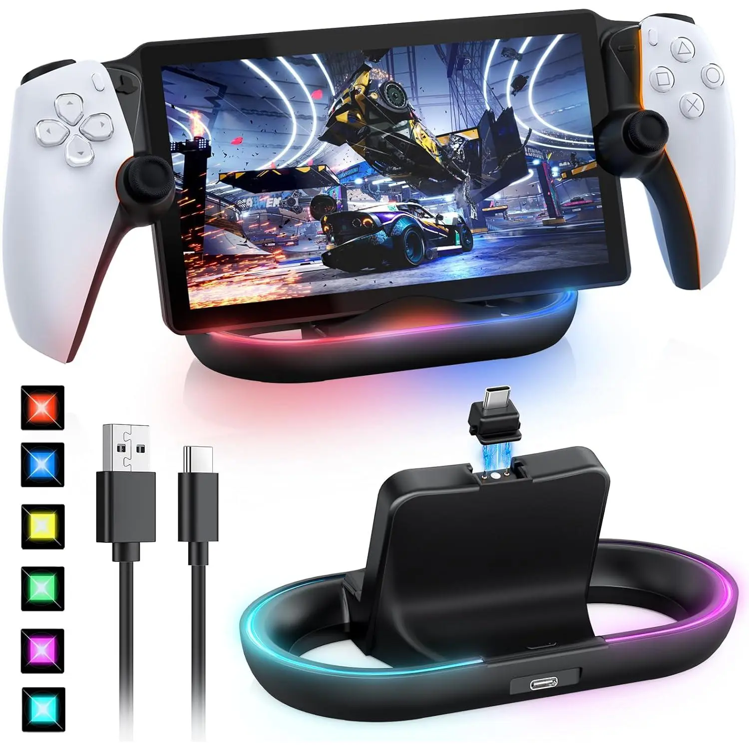 RGB Charging Stand for PS Portal Handheld Console - Accessories for 5 Portal Players, Compatible with Hard/Soft Covers, TPU/EVA Protective Cases, Remote Charge Holder (Black), Protection