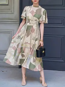 Elegant Plus Size Women's Spring Dress, Round Neck Geometric Color Block Print, Casual Loose Long Sleeve Midi Dress, Fashionable Ladies' Clothing, Casual Wear