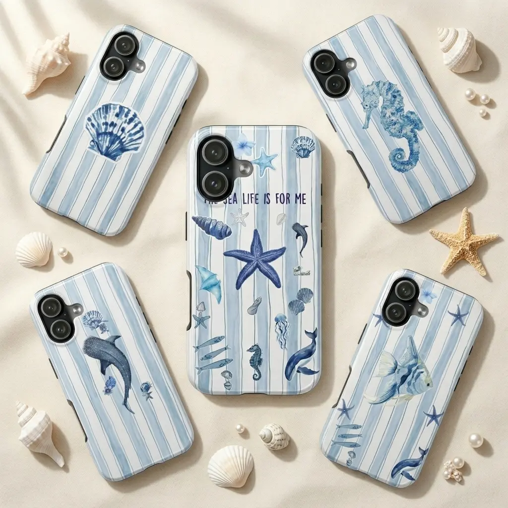 Summer Coastal Blue Stripe Phone Case, Blue Whale Shark, Ocean Aesthetic Tough Case, Blue Dolphin, Sea Life Summer, Phone Casesfor iPhone 17 16 15 14 13 12 11 Pro Max Plus & Samsung Galaxy S26 S25 S24 S23 S22 Ultra