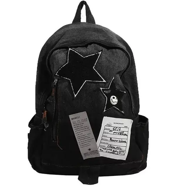 Y2K Aesthetic Flocked Star Patch Canvas Backpacks for School, Stylish Black Multi-Pocket Daypack, Versatile Casual Travel Rucksack