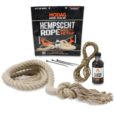 HODAG HempScent Rope Multi-Setup Kit - Bow Hunting Lure, Deer Scents, Customizable Lengths, Hanging Design, 9 ft Rope, 30 ft Paracord, 8 oz AllSeason Scent, Maximum Absorption, Creates Effective Mock Scrapes, Made in USA