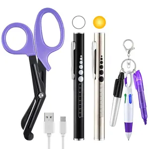 Nurse Tools Set,  Rechargeable Pen Light with Two LED Sources and Pupil Gauge, One 6'' Medical Scissors and 3 Mini Highlighter Pen for Nurse, Student, Doctor, First Aid