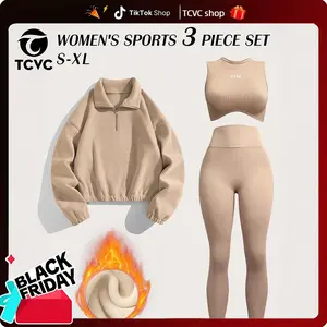 TCVC Women's High Neck Half-Zip Sweatshirt + Seamless Knit  Super Stretchy Sports Short Sleeve Top  + High Waist Leggings  3-Piece Set, Solid Color, Autumn/Winter, Stretchy Sheer-Proof, for Running, Yoga, Gym, Outdoor, Casual & Leisure activewear