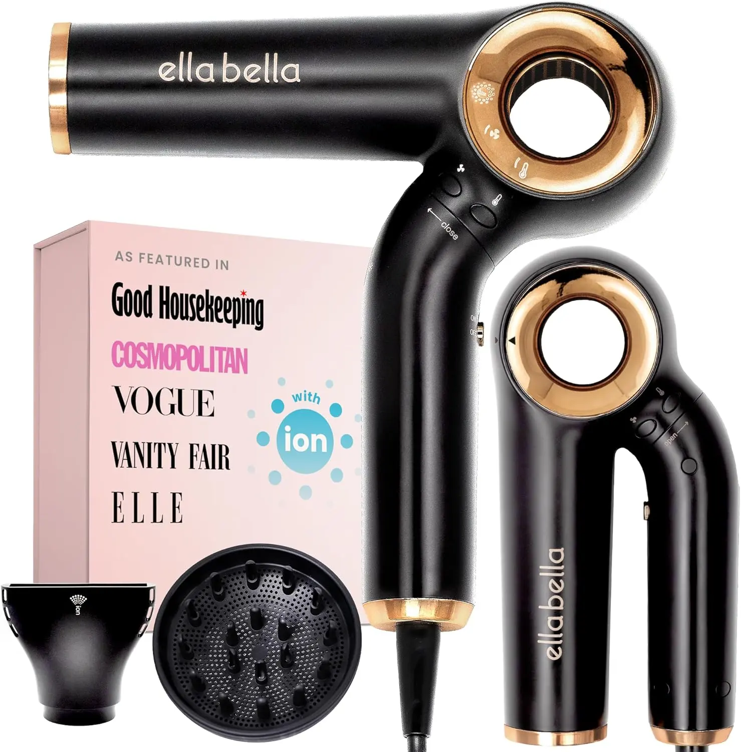 ELLA BELLA® Professional Ionic Hair Dryer (Foldable) • Negative Ion Blow Dryer • Perfect for Travel • Intelligent Heat Control & Rapid Drying Speeds • Lightweight Design • Low Noise Technology