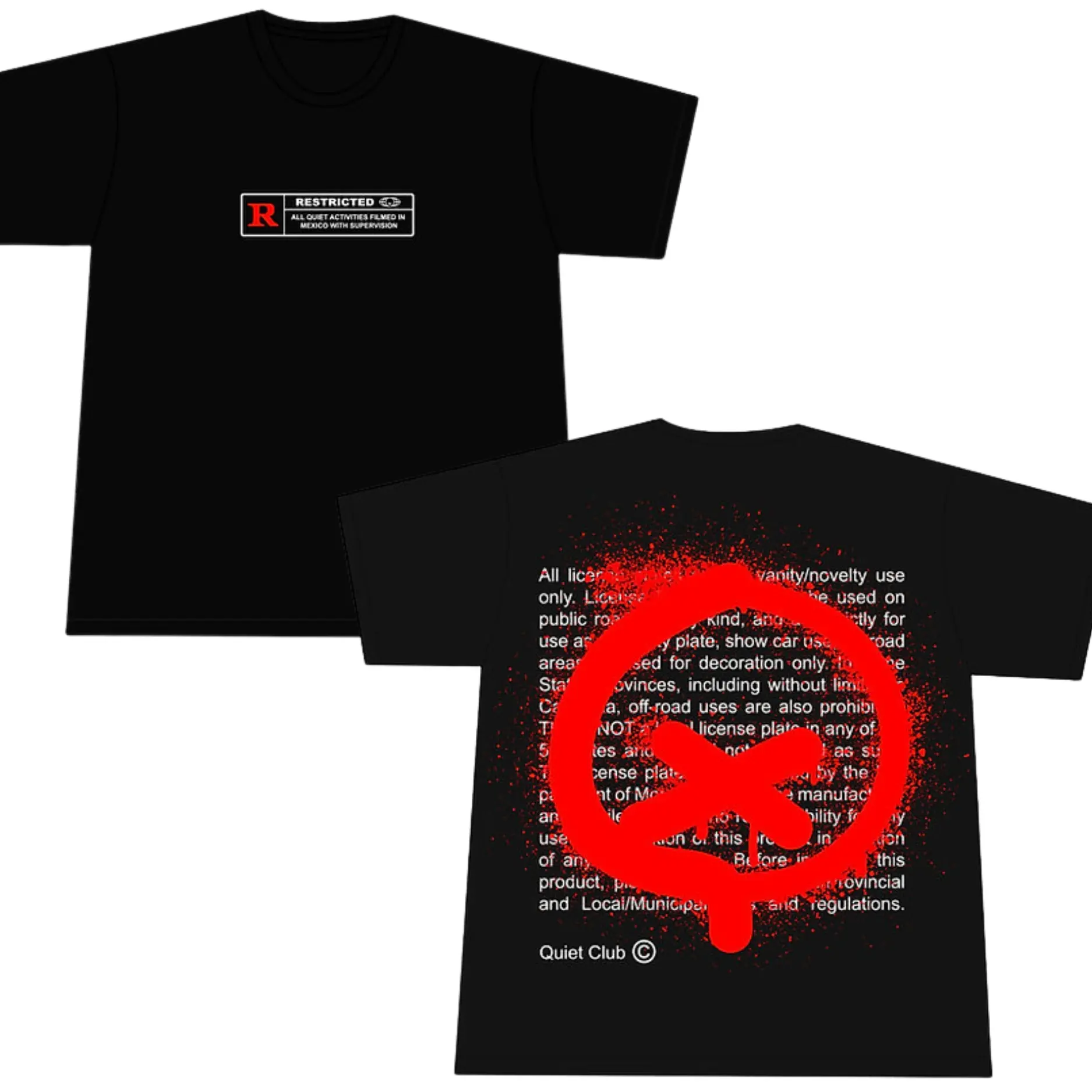 Quiet Club Restricted Back Print T-Shirt, Streetwear Racing Graphic Tee, Urban Drift Car Culture Top, Minimal Front Back Print Gift For Men Women