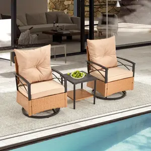 Patio Rattan Swivel Rocker Chairs Set of 3, Outdoor Dining Chairs with Cushion and Coffee Table, Patio Rocker Chair Set for Porch and Backyard, Beige
