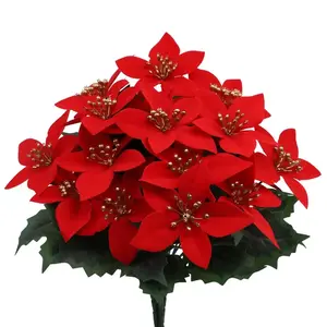 5-Piece Artificial Christmas Flower Bouquet Set, Poinsettia & Leaves, DIY Wedding Home Decor, Durable Plastic Material, Plastic Faux Flowers