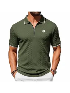 Men's Zipper Polo Shirt, Textured Jacquard Color-block Lapel Short-sleeve T-shirt for Summer