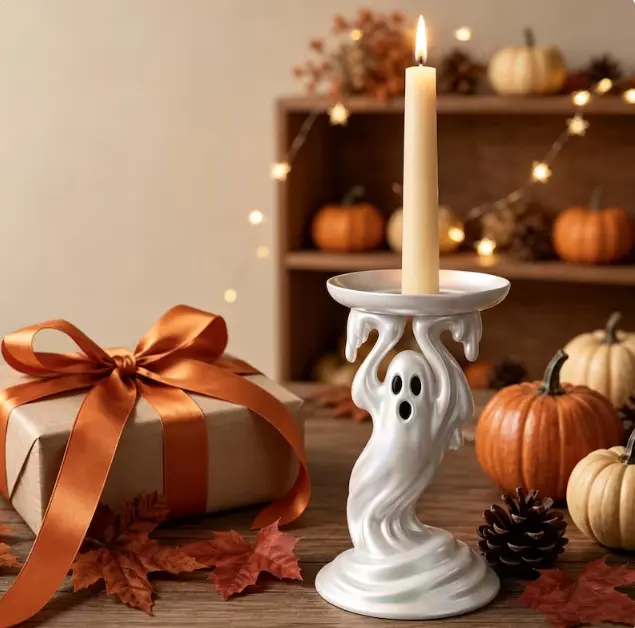 Pearlescent Ghost Taper Candle Holder - Ghost Candle Stand, Pearlescent Glow, Iridescent White Shine, Spooky Chic Tabletop Stand, Indoor/Outdoor Home Garden Decor, Fall Halloween Sculpture Accent