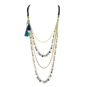 Kate Spade Folk Long-Length Multi-Layer Natural Stone Beaded Tassel Pendant Necklace, Blue Multi, Stylish Statement Costume Jewelry, Folk Necklaces