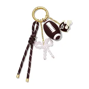 Football-Themed Bag Charm Keychain for Women and Men, Pearl and Bow Nylon Rope Accent, Rugby Purse Accessory, Cheer Mom Gift, Sports Gear Charm