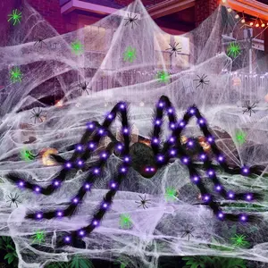 Lighted Halloween Decorations 78" Giant Light Up Spider Halloween Decor 700 Sqft Super Stretchy Spider Web Decoration with 30 Extra Small Fake Spiders Large Cobwebs for Indoor and Outdoor