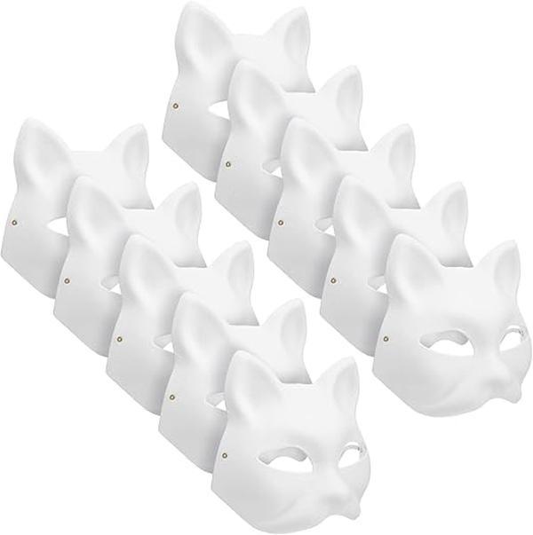 Therian Mask Cat Fox White Animal Mask Base Blank Halloween Costume for Kids Adults Masquerade for Holiday Party 10 Pack