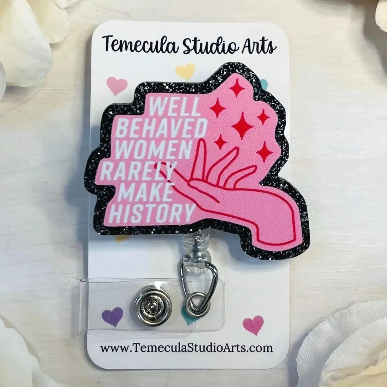 Well Behaved Women | Feminist Badge Reel | Medical ID Badge | Nurse Lanyard | Women’s Rights Badge Holder | Black & Pink