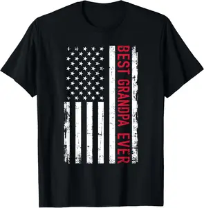 Women's 100% Cotton Casual Distressed Graphic T-Shirt, Crewneck/Round Neck, "Best Grandpa Ever" US American Flag Print