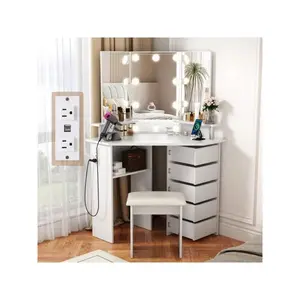 New 2024  VOWNER Corner Makeup Outlet Vanity Desk Mirror Lights 3 Color Brighess Adjustable With 5 Rotating Drawers And Stool For Girls Women Home Decor Ideas