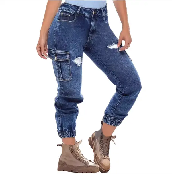 Women’s High Waisted Denim Jogger Jeans, Distressed Cargo Pants with Elastic Cuffs
