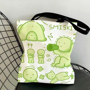Smiski Green Guy Storage Bags Canvas Double-Sided Print Black and White Tote Bag Large Capacity Shoulder Students Festive Fashion Eco Outdoor Picnic Travel High Quality Shopping Handbag Machine Washable