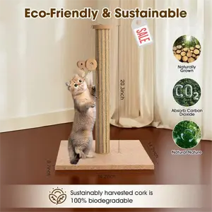 Mocherpion All-in-One Cork Scratching Post | with Feather & Bell Toy, 14.2" Weighted Base | Eco-Friendly, Noise-Reducing Cat Gym & Decor vertical cat space-saving design Sea Grass Dark  tower  Tall Cat Scratching Post jumping platform Wood