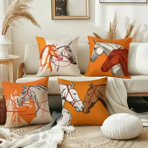 4pcs, 2D Printed Pillowcase, Home and Kitchen Supplies, Bedding, Home Decor, Cushion Covers, and Accessories, Pillow Covers, Western - Themed, Majestic Horse Profiles in Bold Strokes, Vibrant Orange and Neutral Tones, Equestrian Charm Printed Pillow
