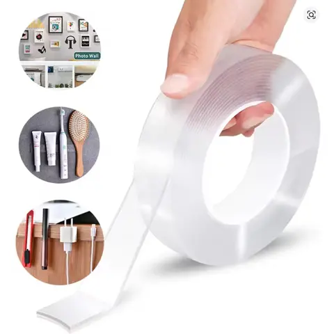 Nano Double-Sided Acrylic Adhesive Tape Roll, Extra Strong Multi-Surface Heavy-Duty Residue-Free Clear Waterproof Reusable Tape with Wood & Plastic Grip, Cut-to-Size for Steady Photo Wall, Home Office DIY Indoor Outdoor Use