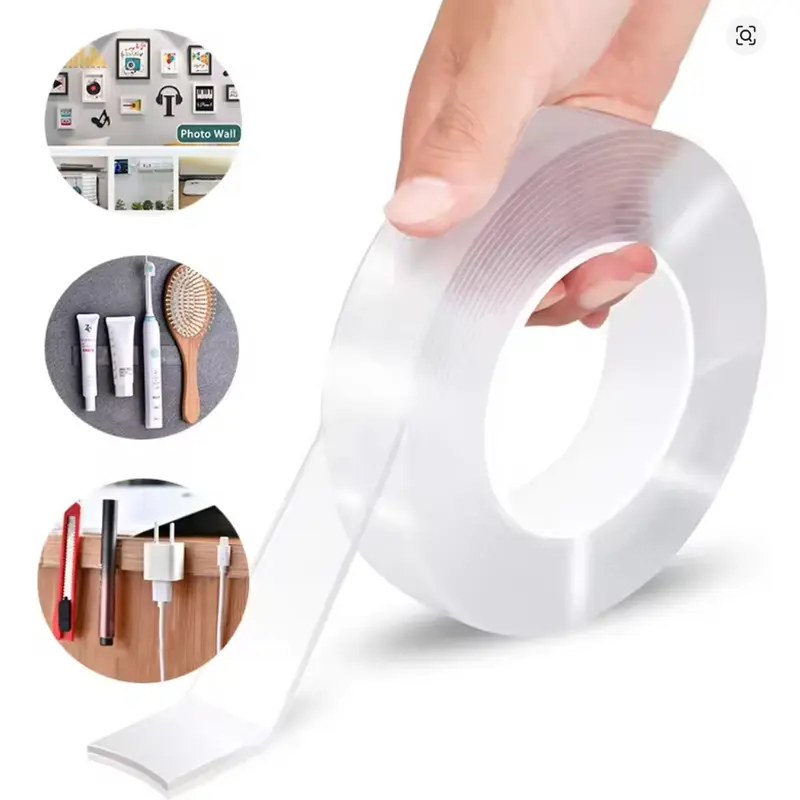 Nano Double-Sided Acrylic Adhesive Tape Roll, Extra Strong Multi-Surface Heavy-Duty Residue-Free Clear Waterproof Reusable Tape with Wood & Plastic Grip, Cut-to-Size for Steady Photo Wall, Home Office DIY Indoor Outdoor Use