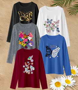 Aesthetic Butterfly Print Five-Piece Sister Set Casual Long-Sleeve Crew Neck T-Shirt Simple and Comfortable Women's Everyday Shirt A Gift for Mothers and Girlfriends