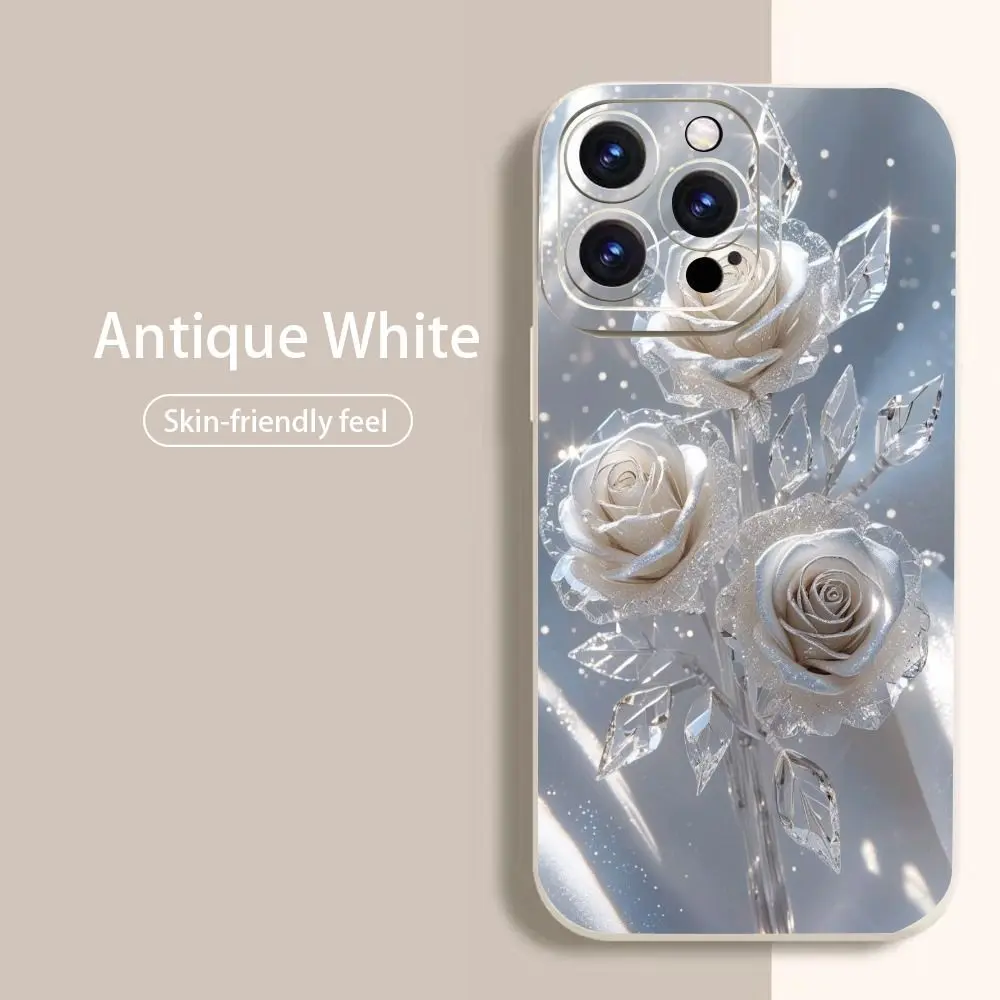 White crystal rose pattern, drop-proof and non-slip TPU full-coverage lens phone case, compatible with iPhone 17, 16, 15, 14, 13, 12, 11, XS, X, Samsung and other models. Makes a great gift for friends or family.