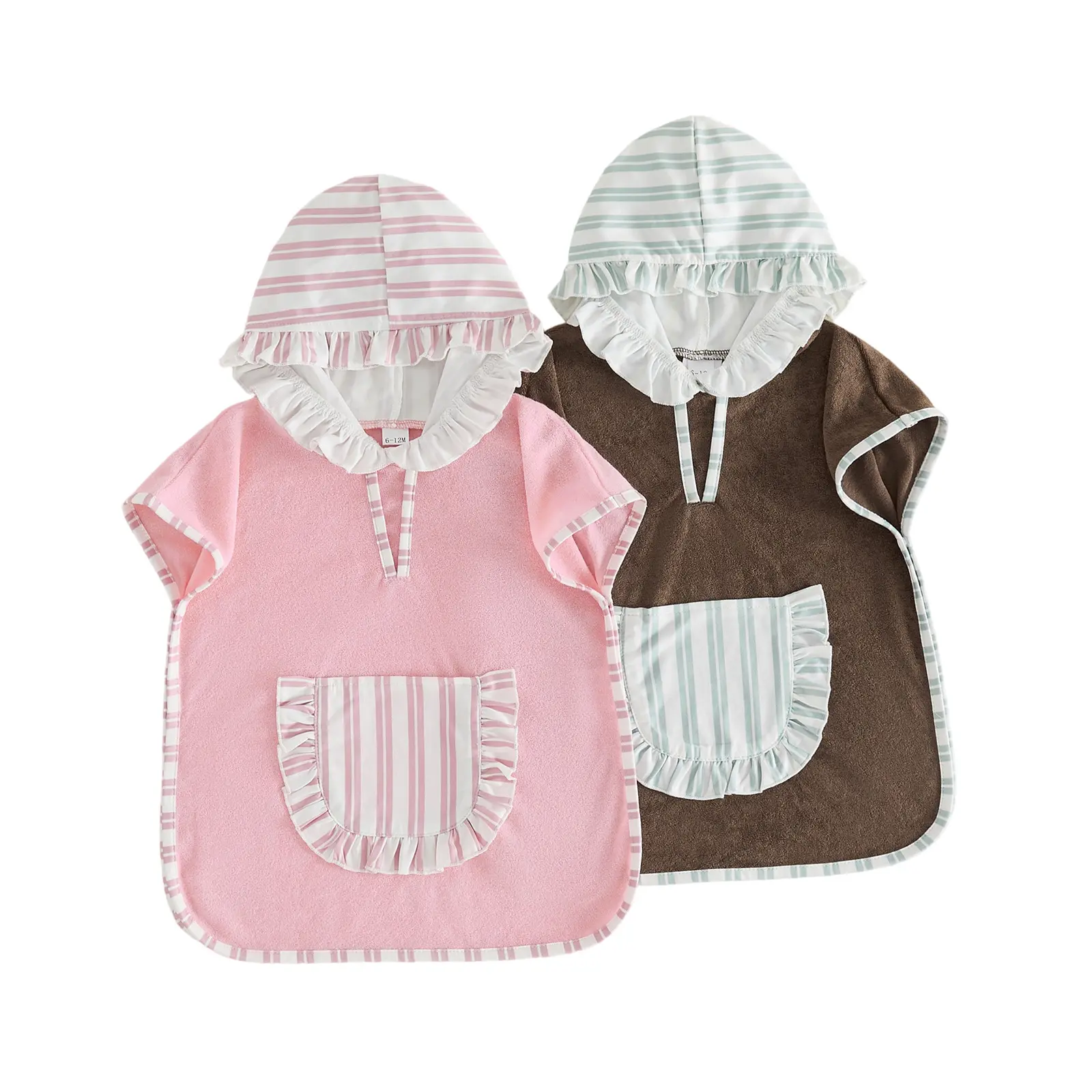 Toddler Girls' Striped Hooded Poncho Swim Cover-Up with Ruffled Trim & Bow, Polyester Blend Poncho Swimwear for Casual Beach Outfits, 0-5 Years