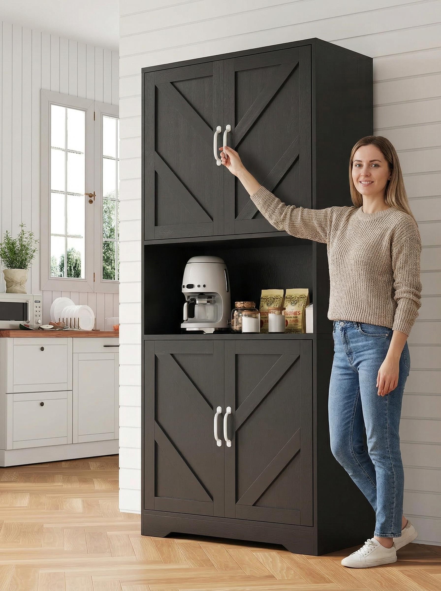 ZR-Garvee 70 Inch Tall Kitchen Pantry Cabinet with Microwave Stand and 4 Doors Large Storage Hutch with Adjustable Shelves Freestanding Cupboard for Pantry and Kitchen