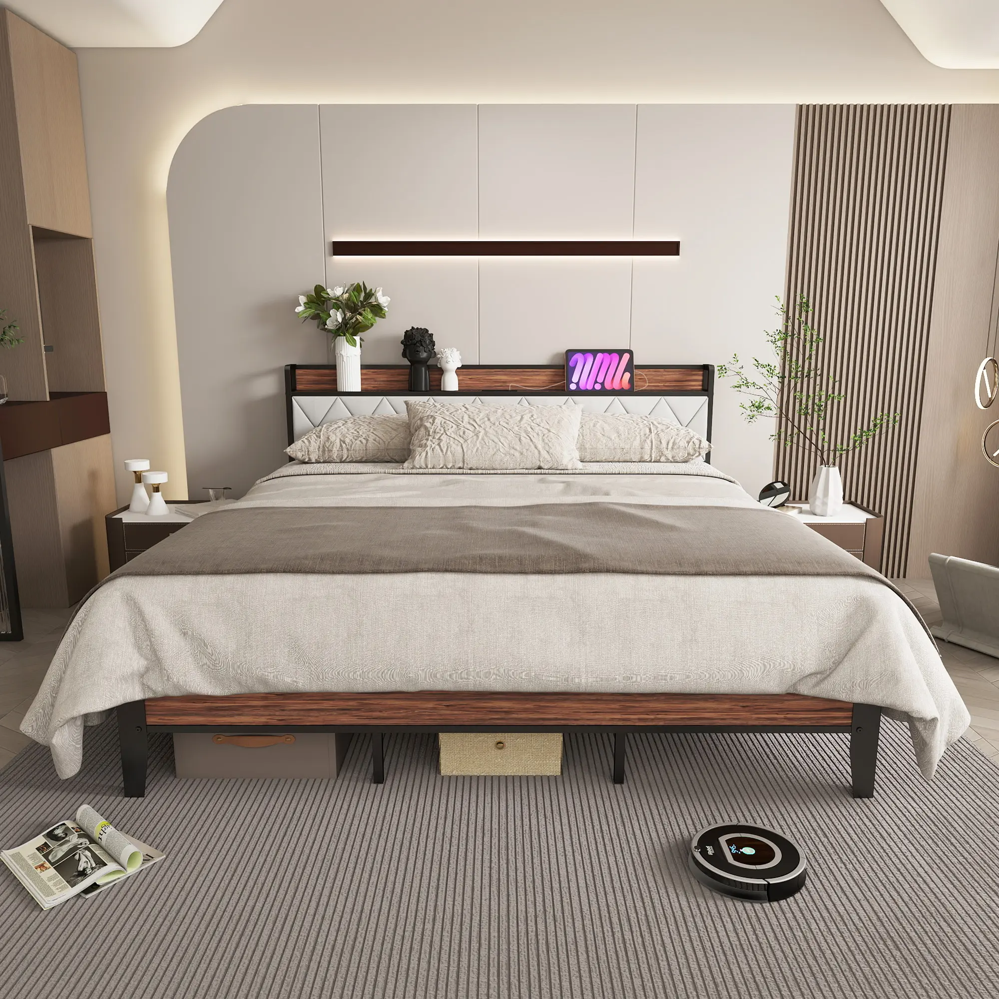 Bed Frame With Underbed Storage, Upholstered Headboard Iron Bed With Storage, With Headboard, Built-In Charging Port, No Tools Required For Assembly, Full Size