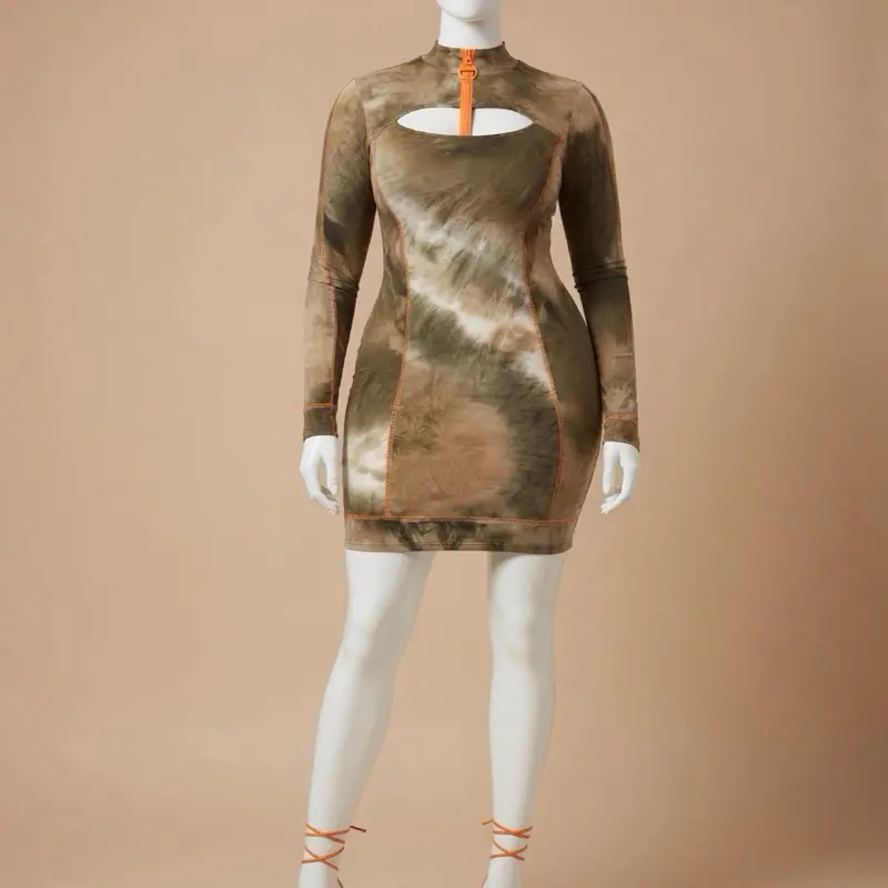 Olive Tye-Dye Bodycon Mini Dress With Keyhole