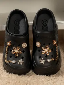 Women's Punk Style Perforated Shoes with Sequins, Thick Sole Hollow Design, Comfortable Garden Shoes, All Seasons Eva Material