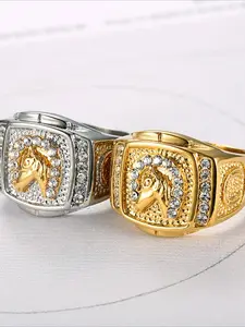 New must-have hip-hop HIPHOP fashionable and personalized imitation diamond horse head men's ring accessories Diamond Halo Ring