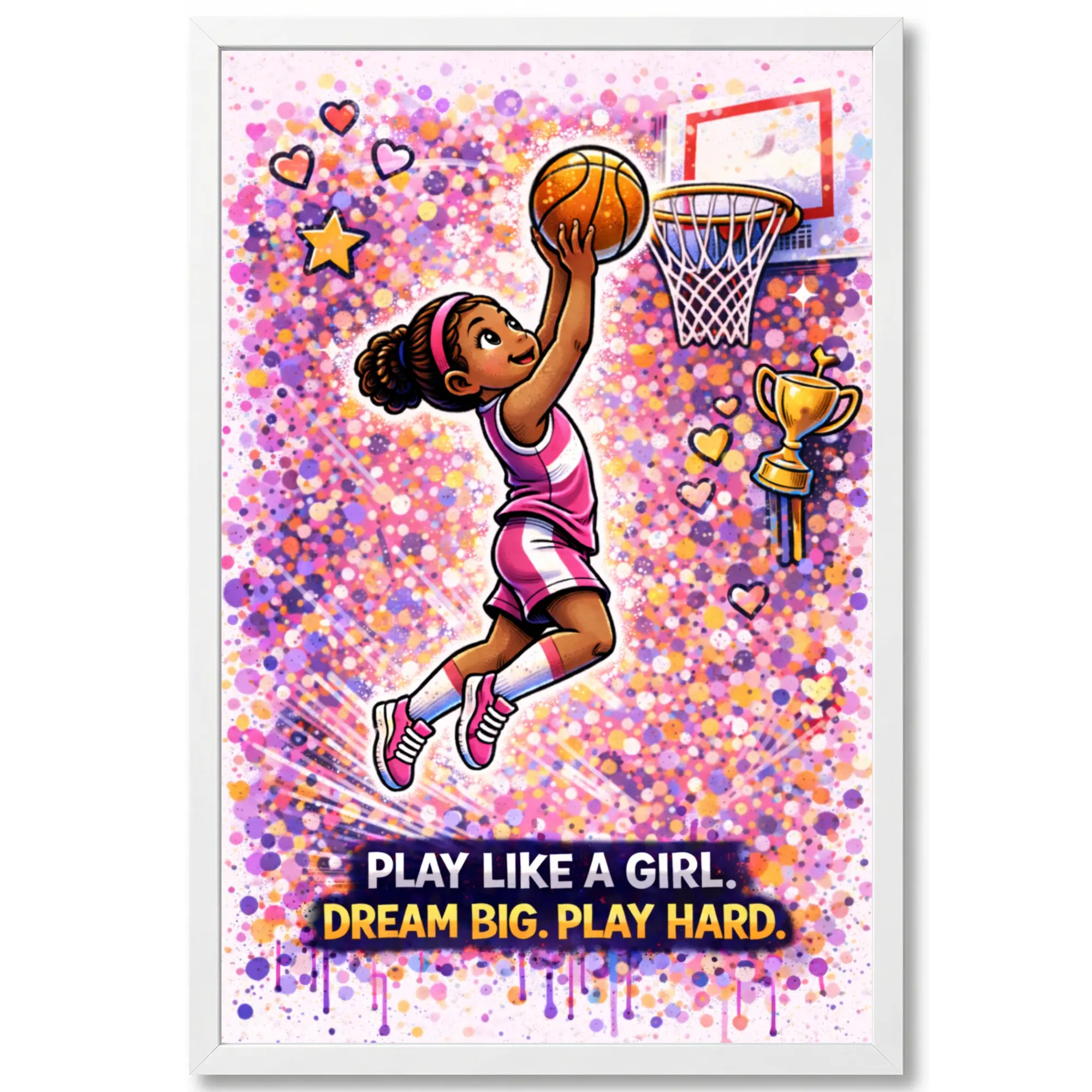 Basketball Framed Wall Art for Girls – Pink Basketball Poster 11x17 – Kids Bedroom Decor – Ready to Hang – Birthday Gift for Basketball Girl