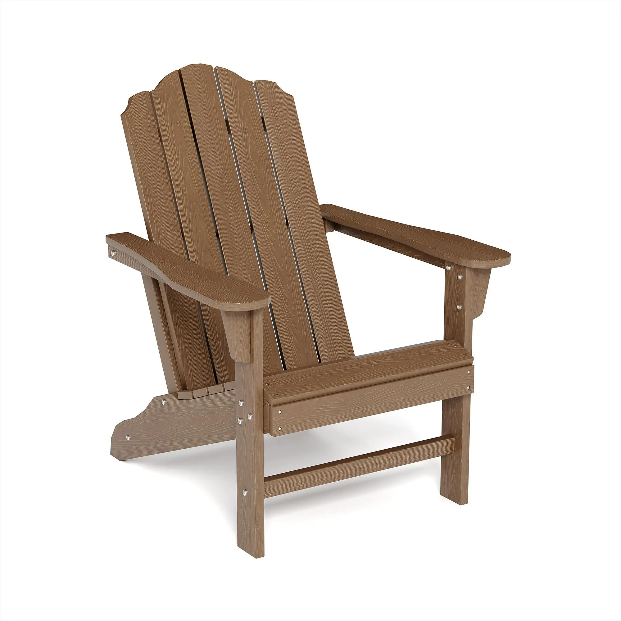 Brown Plastic HDPE Adirondack Chair - Sturdy, Stable, Waterproof, UV Protected, Wood Texture, Ergonomic, Slatted Back Outdoor Furniture Set for Backyard Relaxation, Wipe-Clean Patio Decor