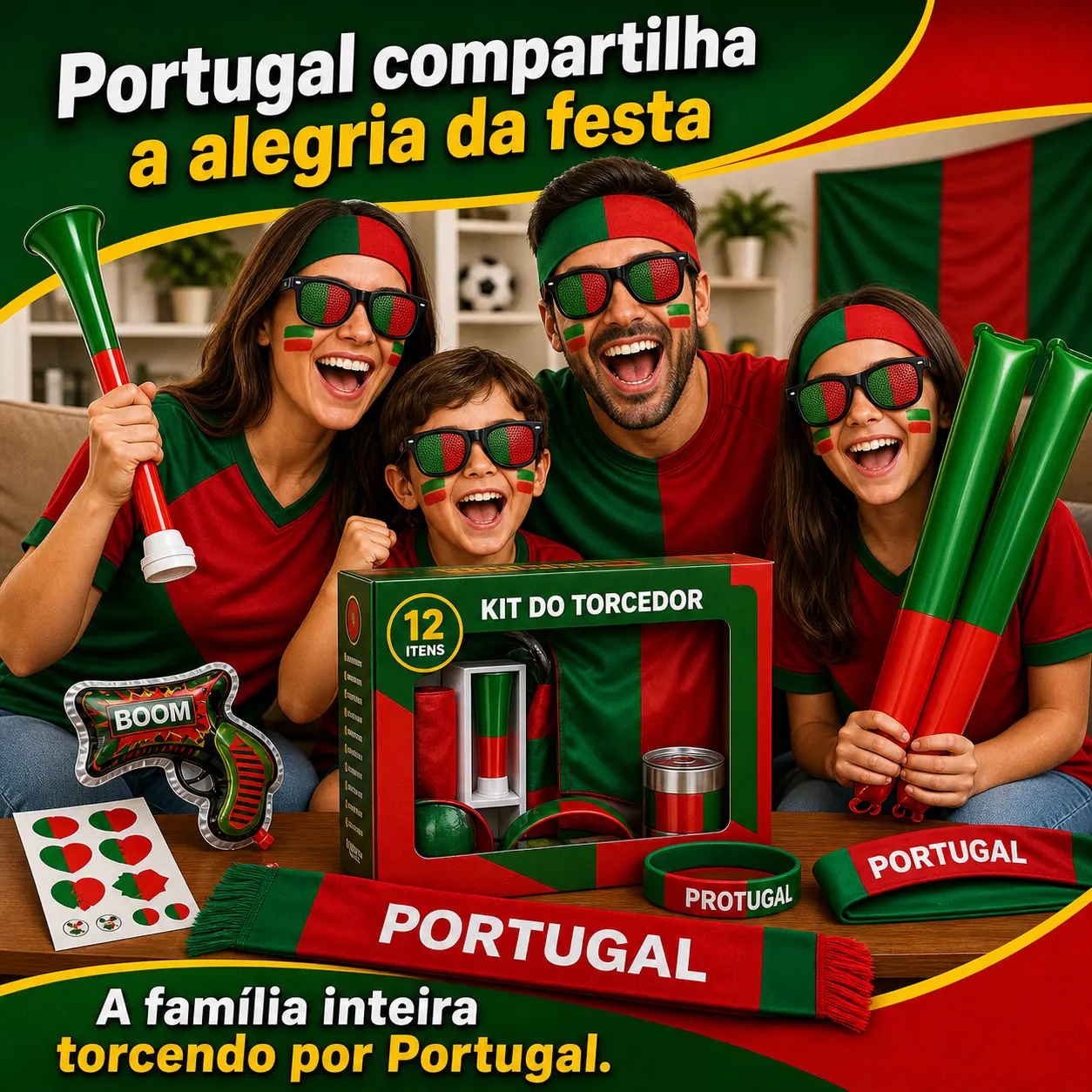 Portugal fans support gift pack (12-piece set), a high-valueset, an essential item for fans to create a festive atmosphereat the game, one set includes all the necessary props, noneed to buy individual items separately
