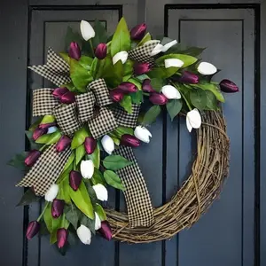 Faux Tulip Flower Wreath – Elegant Vine Ring for Front Door, Seasonal Door Decor, and Everyday Floral Accent