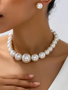Women's Fashion Jewelry Set, Elegant Faux Pearl Beaded Necklace Earrings, Daily Wear Holiday Gift, Iron Material